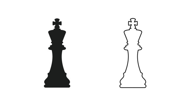 Minimalist chess king icons, black silhouette and thin line art king piece vectors, strategic business leadership symbols on white background