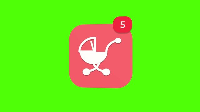 A 3D baby stroller pram infant carriage transport newborn care notification icon popping up and rotating on a green screen chroma key background with a red number counter animation.