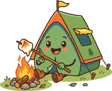 Vector illustration of cute cartoon tent character roasting a marshmallow over a campfire