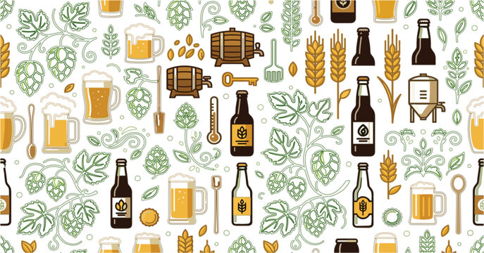 Seamless Craft Beer Brewery Pattern Featuring Flat Line Icons of Mugs Bottles Glassware Green Hop Vines and Wheat Elements