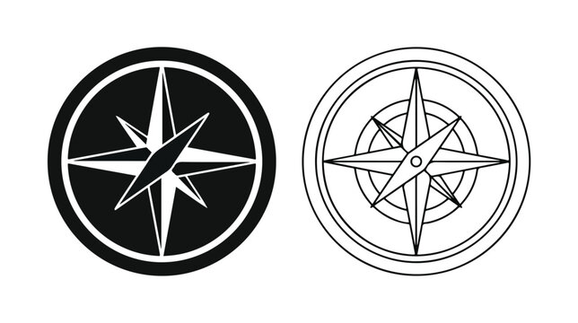 Nautical compass rose vector icons, black and white wind rose symbols, navigation and travel direction signs for maps and adventure branding