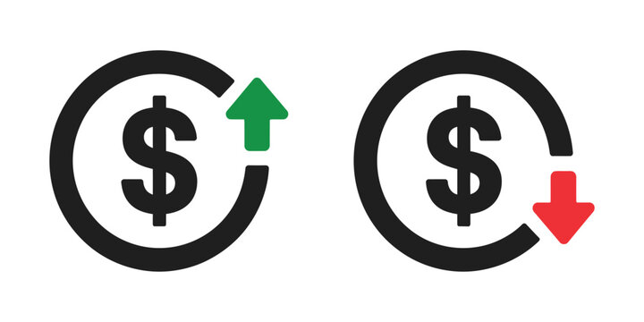 Dollar price change icons, vector set of increasing and decreasing currency symbols with up and down arrows for financial markets, trading charts, and economic trend visualization.