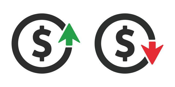 Dollar price change icons, vector set of increasing and decreasing currency symbols with up and down arrows for financial markets, trading charts, and economic trend visualization.