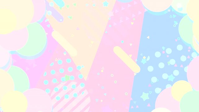 Abstract pastel geometric shapes background with striped circles, dots, rounded lines, and stars motion graphics. (loop)