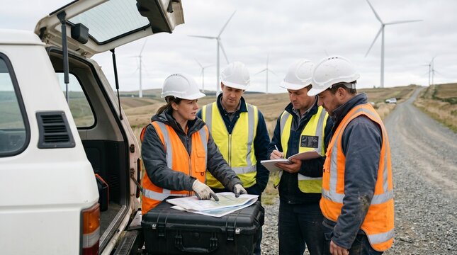 Wind Farm Service Crew Briefing Beside Access Road Vehicle