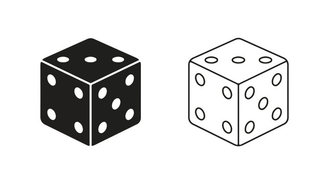 Minimalist game dice vector icons, black and white isometric gambling cubes, 2 flat line art elements for board games and casino design