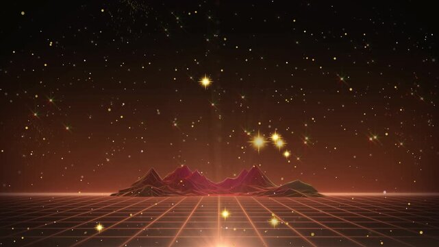 Glowing wireframe mountains emerge behind vibrant exploding fireworks in this atmospheric digital motion background for video projects