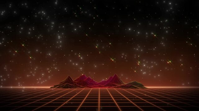 Retro futuristic mountain landscape with glowing neon fireworks in night sky for digital motion background video animation project