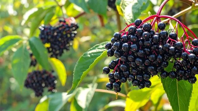 Ripe black elderberries hanging on a branch in a sunny garden
