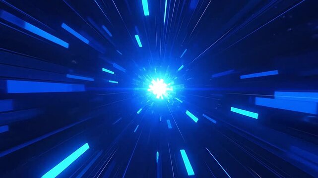 Abstract blue light streaks moving through a digital space tunnel