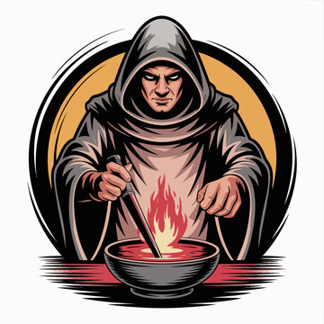 Mysterious figure stirring a flaming potion.