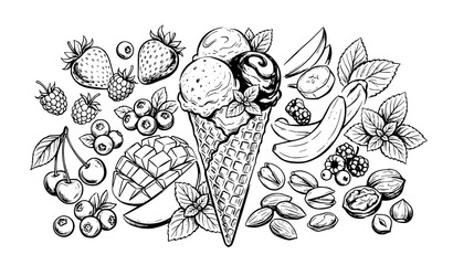 Assorted ice cream scoops with fruits nuts and berries illustration © SobujChandra