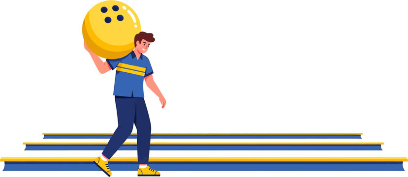 A man carries a bowling ball over his shoulder as he walks up a set of stairs, preparing for a game