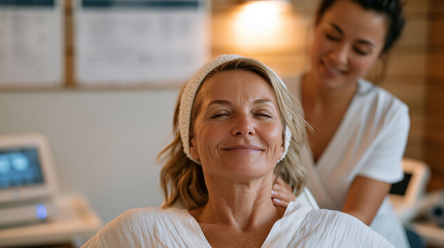 Physical therapist guiding a client through a facial muscle recovery exercise using microcurrent wand technology in a wellness clinic, both seated at a treatment station, clinical