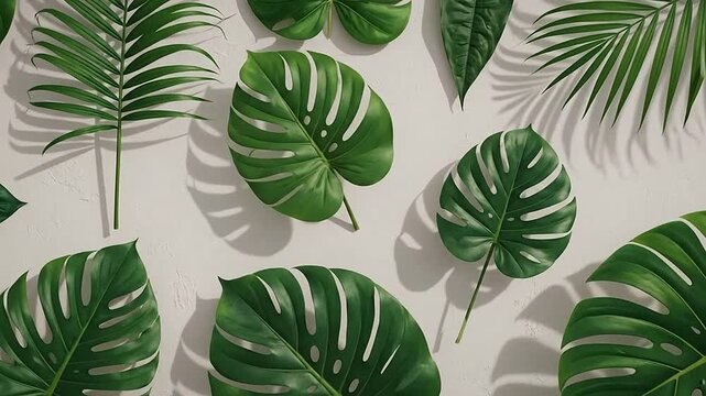 A collection of various tropical green leaves arranged on a neutral background