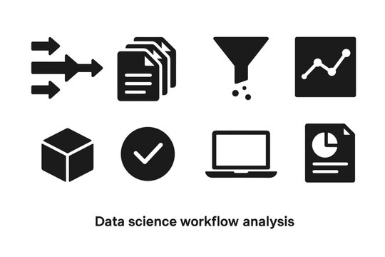 Data Science Icons. Data science workflow analysis. Filled icon set of Data science workflow analysis: data