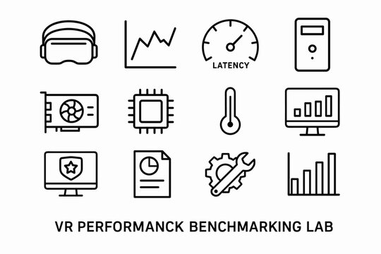 VR Lab Icon Set. VR performance benchmarking lab. Line outline icon set of VR performance benchmarking lab: VR
