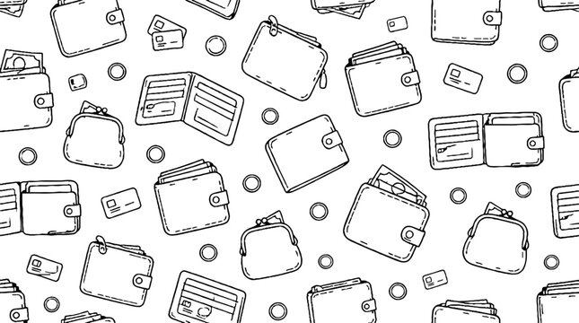 Hand drawn wallet and money icons pattern design.