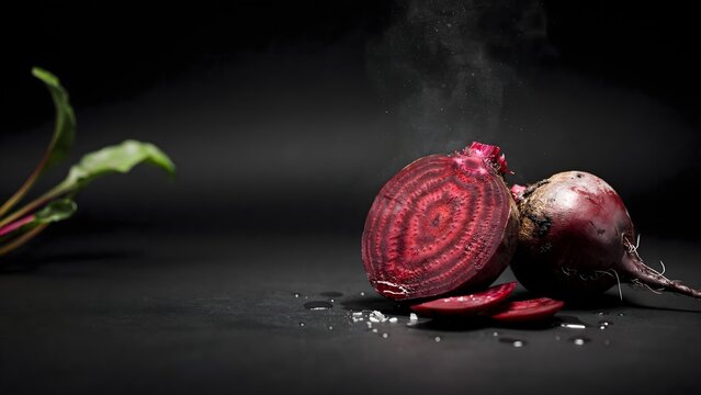 Sliced red beet on dark background &ndash; Perfect for root vegetable farming, healthy juice branding, or organic food magazines.