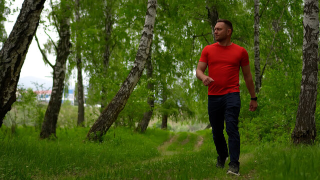 A man travels through the Altai Mountains. A man walks through a mixed forest in Siberia. A male traveler walks through a forest during a mountain trip.