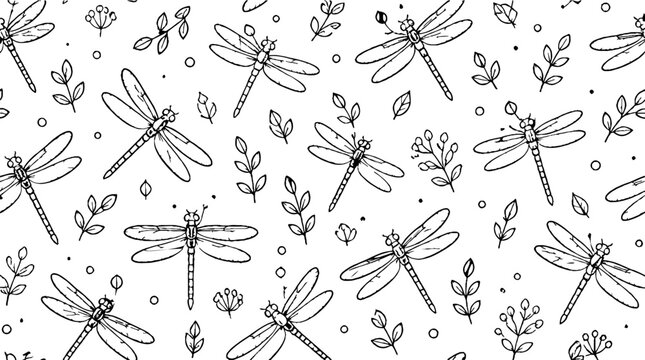 Intricate Dragonfly and Leaf Pattern Illustration.