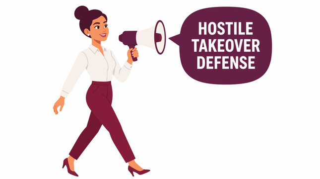 Businesswoman holding megaphone for hostile takeover defense.