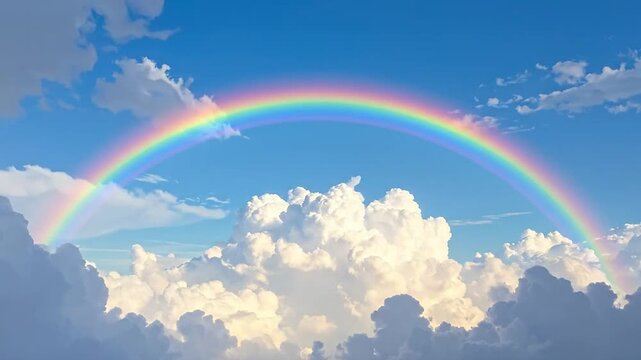 Vibrant rainbow arching over fluffy white clouds in a clear blue sky