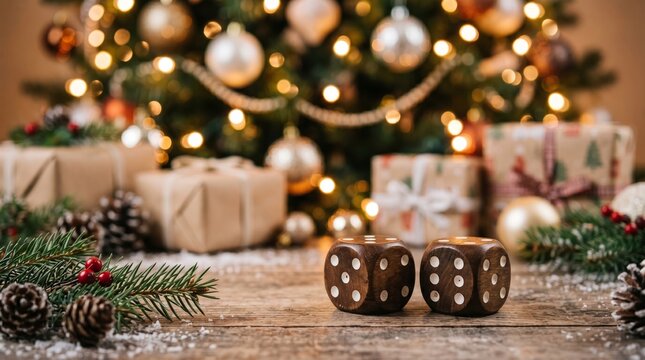 Wooden dice placed on a rustic wooden table surrounded by pine branches, Christmas gifts, and a decorated tree with golden ornaments and lights in the background