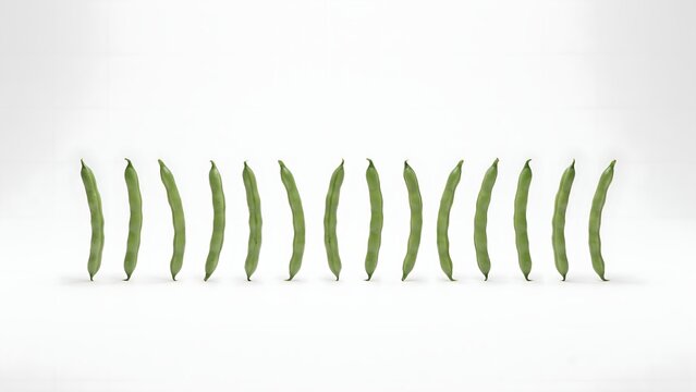 Row of fresh green string beans on white &ndash; Ideal for commercial grocery banners, organic farm produce, or nutrition infographics.