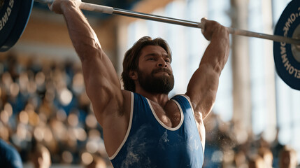 Fototapeta premium Competitive Olympic weightlifter mid-snatch under a loaded barbell at the apex of the lift, knees driven out, perfect overhead lockout, sports hall platform, chalk floating from
