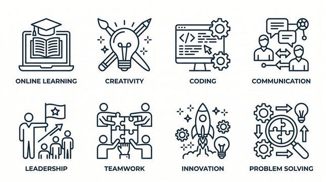 Vector icons for business skills on white background