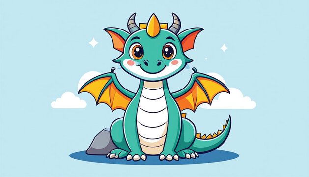 Cute cartoon dragon sitting down.