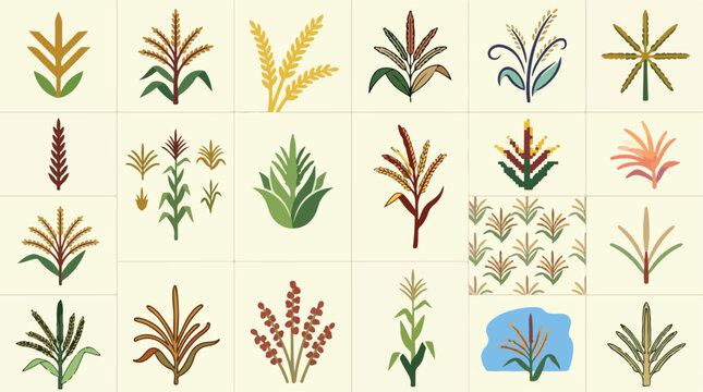 Vintage botanical grain illustrations, collection of 18 wheat and corn stalk vector icons, rustic agricultural cereal plant symbols for organic farming branding