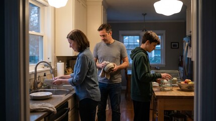 Obraz premium Blended Family Evening Kitchen Cleanup In Real Contemporary Home