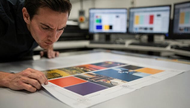 Staff member scrutinizing registration marks precision on first sheets the detailed print sharply in focus with out of focus control monitors in the backdrop.