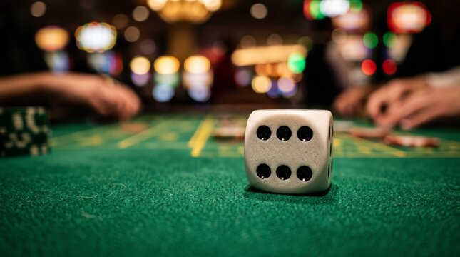 Close-up of a white six-sided die showing six pips on a green casino table with blurred players and gaming machines in the background