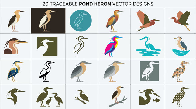 Pond heron vector designs, set of 20 traceable bird icons. Minimalist heron silhouettes and colorful egret illustrations for nature branding.