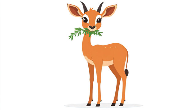 Cute cartoon gazelle with green leaves.