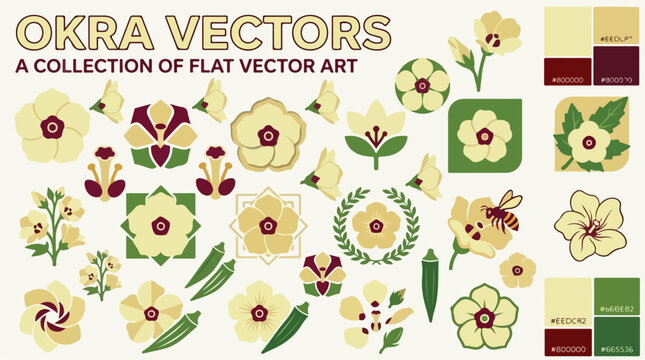 Okra vectors collection, flat vector art of okra flowers and pods, botanical garden illustrations for organic food branding and floral patterns