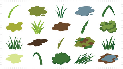 Flat nature landscape elements, 20 vector icons of grass tufts and water puddles, green foliage and mud patches for map design © zee