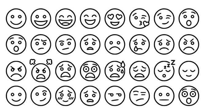Collection of diverse black and white line art emoticons representing various human emotions and expressions