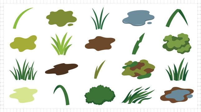 Flat nature landscape elements, 20 vector icons of grass tufts and water puddles, green foliage and mud patches for map design