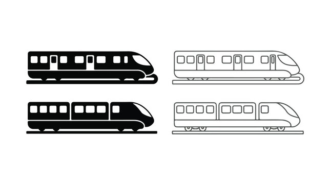 Modern train icons set, high-speed railway transportation symbols, minimalist subway and locomotive vector silhouettes for transit maps and logistics
