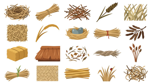 Rustic hay and straw vector set, 20 farm harvest icons with bird nests and wheat stalks, organic dry grass and thatched roof elements for agriculture