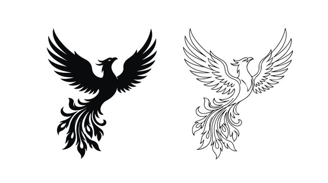 Phoenix bird vector silhouette and line art set, mythical firebird with spread wings, majestic eagle mascot icons for branding and tattoo design