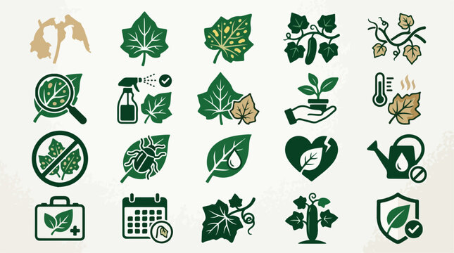 Cucumber plant care icons, 20 gardening vector elements for vegetable cultivation, green leaf disease and pest control symbols for agriculture