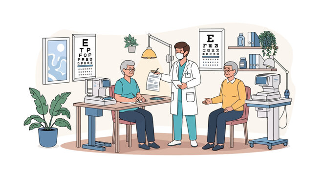 Doctor examining elderly patients in an eye clinic with charts and equipment.
