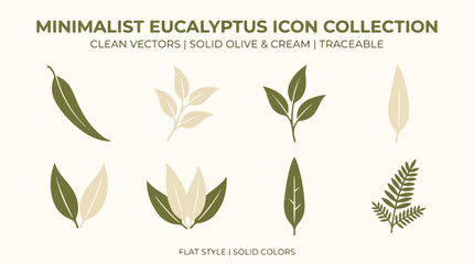 Minimalist eucalyptus icon collection, clean olive and cream botanical vectors, organic leaf silhouettes for branding and logo design © zee