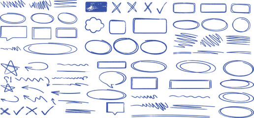 Blue hand drawn annotation frames, highlights, arrows and scribble elements vector pack. © Line Art King