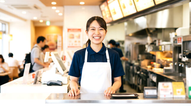 笑顔で接客するファストフードの店員